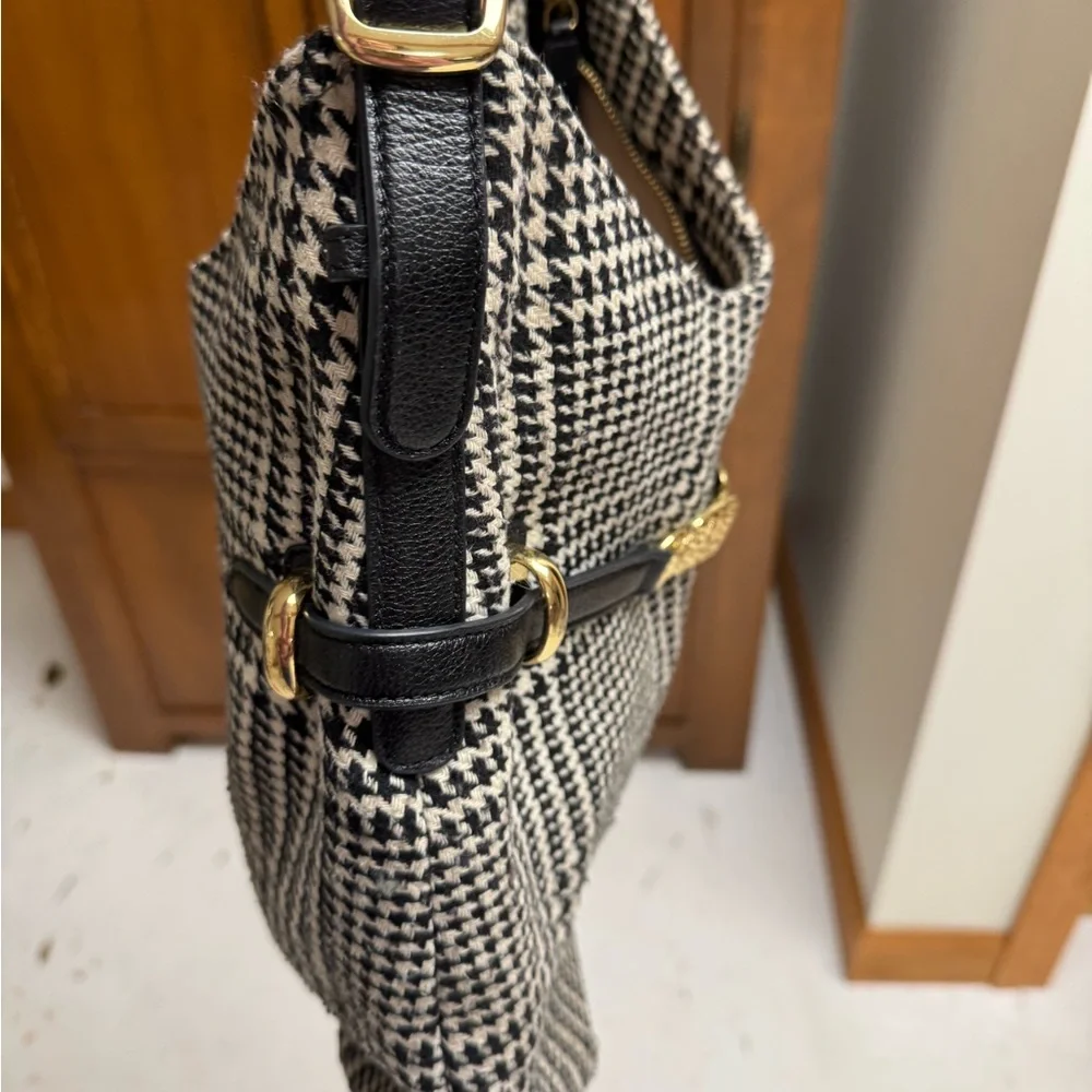 Talbots BlackWhite Houndstooth Tweed Bag satchel 11x12x3 adjustable strap